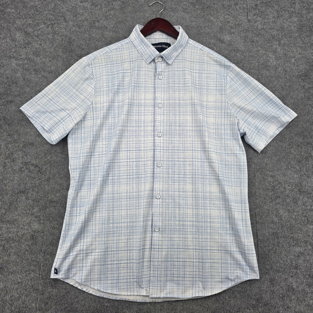 Mizzen + Main Mens Trim Fit Short Sleeve Plaid Button Down Shirt Blue L 1KS-1579